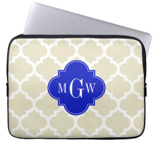 Beige Wt Moroccan #5 Royal Blue 3 Initial Monogram Laptop Sleeve