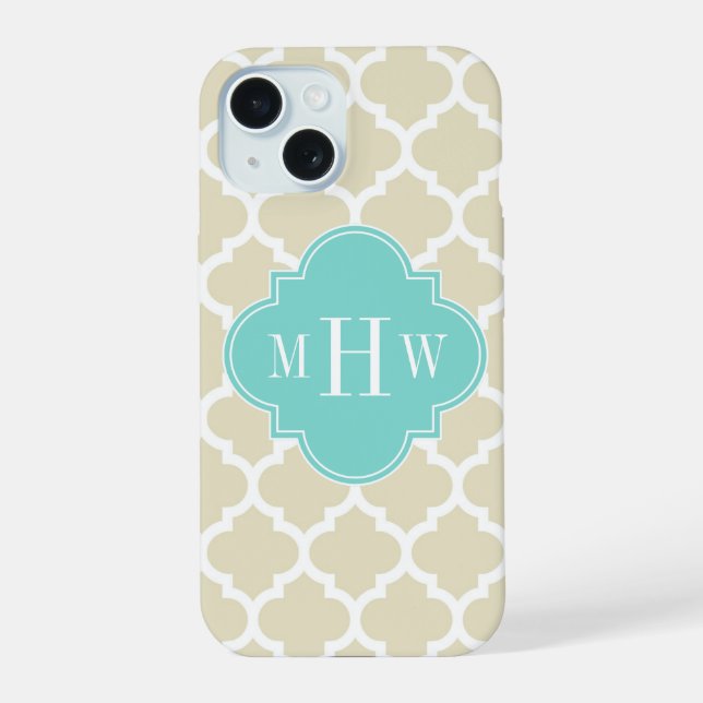 Beige, Wt Moroccan #5 Turquoise 3 Initial Monogram iPhone 15 Case (Back)