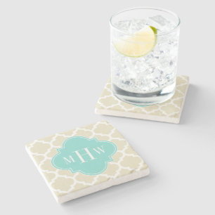 Beige, Wt Moroccan #5 Turquoise 3 Initial Monogram Stone Coaster