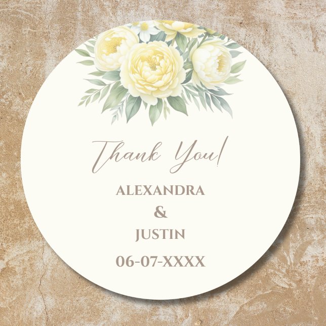 Beige Yellow Floral Italian Arch Wedding Thank You Classic Round Sticker (Creator Uploaded)