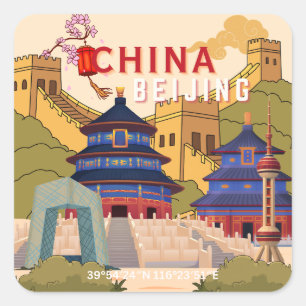 Beijing China Travel Poster Asian City Wall Art Square Sticker