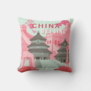 Beijing China Travel Poster   Mint Green, Pink Art Cushion