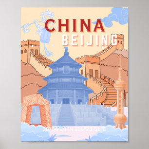 Beijing China Travel Poster   Pastel Blue & Peach 