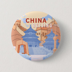 Beijing China Travel Poster Pastel Blue & Peach 6 Cm Round Badge
