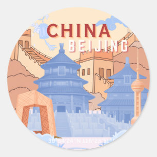 Beijing China Travel Poster   Pastel Blue & Peach Classic Round Sticker