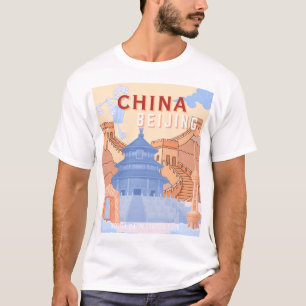 Beijing China Travel Poster   Pastel Blue & Peach T-Shirt