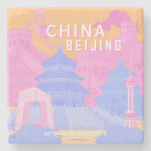 Beijing China Travel Poster   Pink & Blue Pastel Stone Coaster