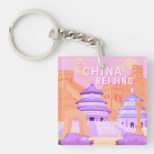 Beijing China Travel Poster   Pink & Lavender Art Key Ring