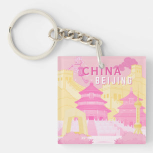 Beijing China Travel Poster Pink & Yellow Art Key Ring