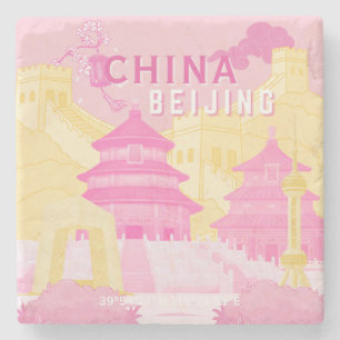Beijing China Travel Poster   Pink & Yellow Art Stone Coaster