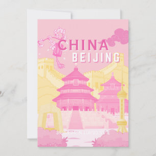 Beijing China Travel Poster Pink & Yellow Art Thank You Card