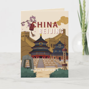 Beijing China Travel Poster   Vintage Illustration Card