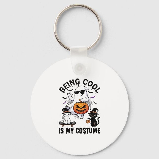 Being Cool Is Costume Halloween Ghost Pumpkin Cat_ Key Ring (Front)
