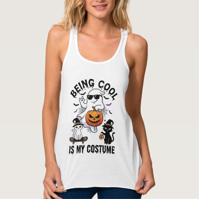 Being Cool Is Costume Halloween Ghost Pumpkin Cat_ Singlet (Front)