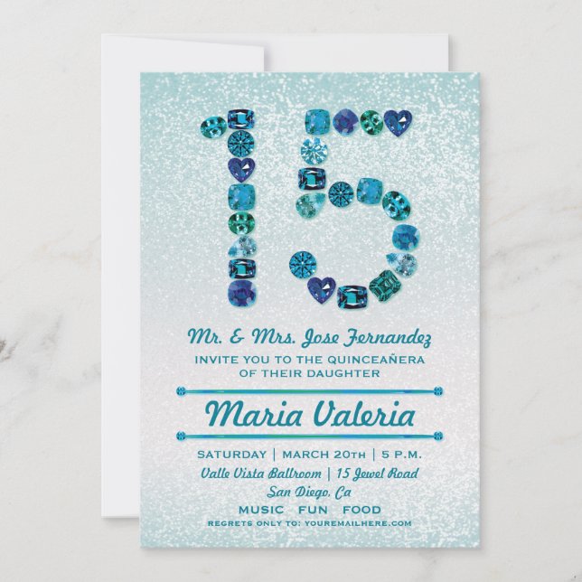 Bejeweled 15th Birthday Quinceañera Party Invites (Front)