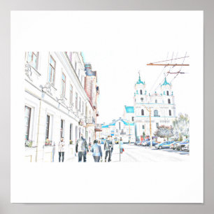 Belarus Hrodna Stylised Architecture Sketch Poster