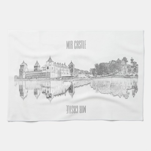 Belarus Mir Castle Architecture Sketch Tea Towel (Horizontal)