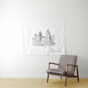 Belarus Mir Castle Cityscape Sketch Tapestry