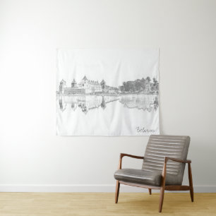 Belarus Mir Castle Cityscape Sketch Tapestry