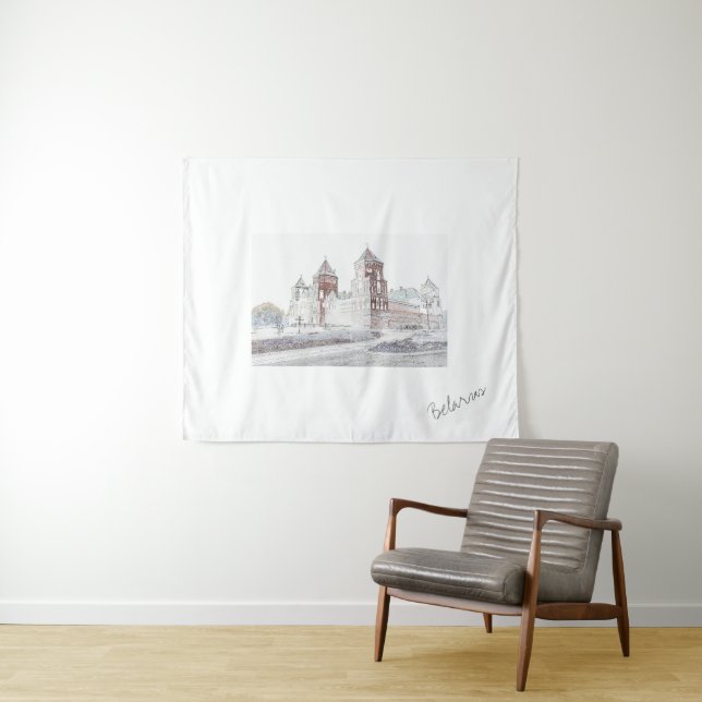 Belarus Mir Castle Cityscape Sketch Tapestry (In Situ (Horizontal))