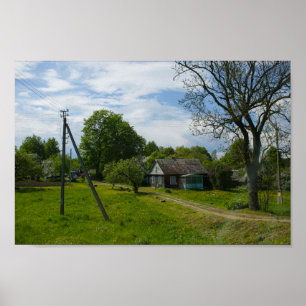 Belarus Rural Road Hut House Landscape Nature Poster