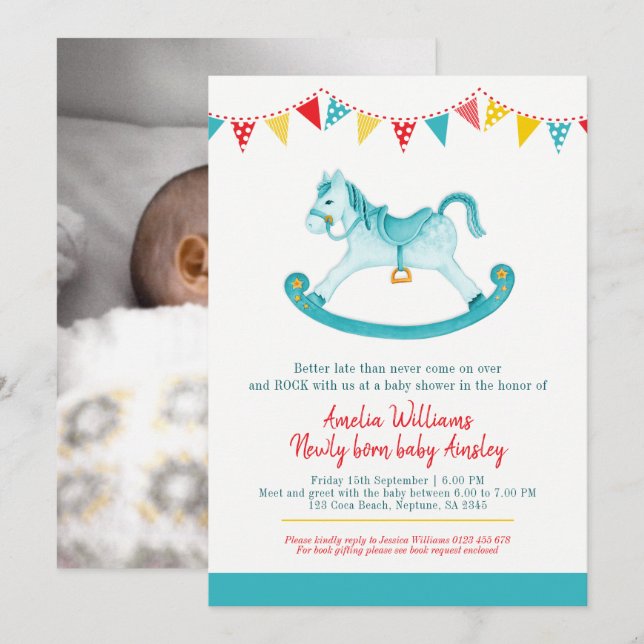 Belated Baby shower aqua rocking horse met baby  Invitation (Front/Back)