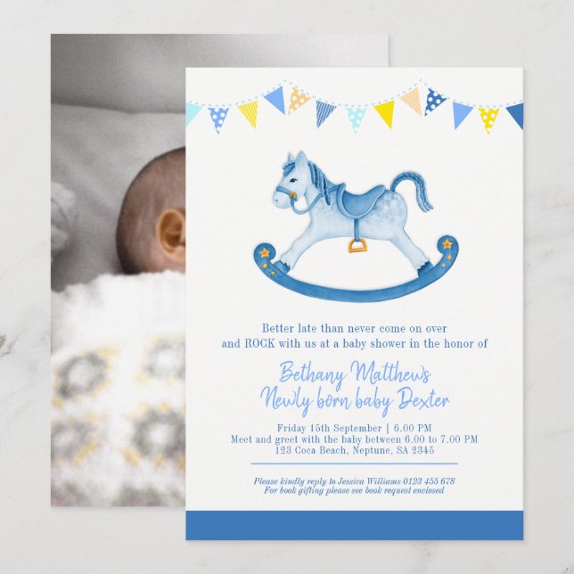 Belated Baby shower blue rocking horse met baby Invitation (Front/Back)