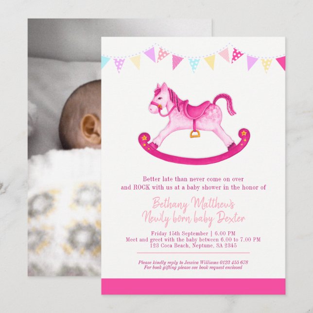 Belated Baby shower pink rocking horse met baby Invitation (Front/Back)