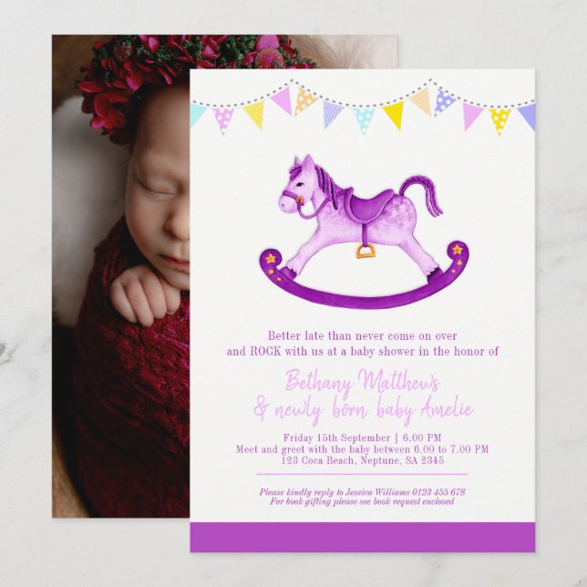 Belated Baby shower rocking horse met baby purple Invitation (Front/Back)