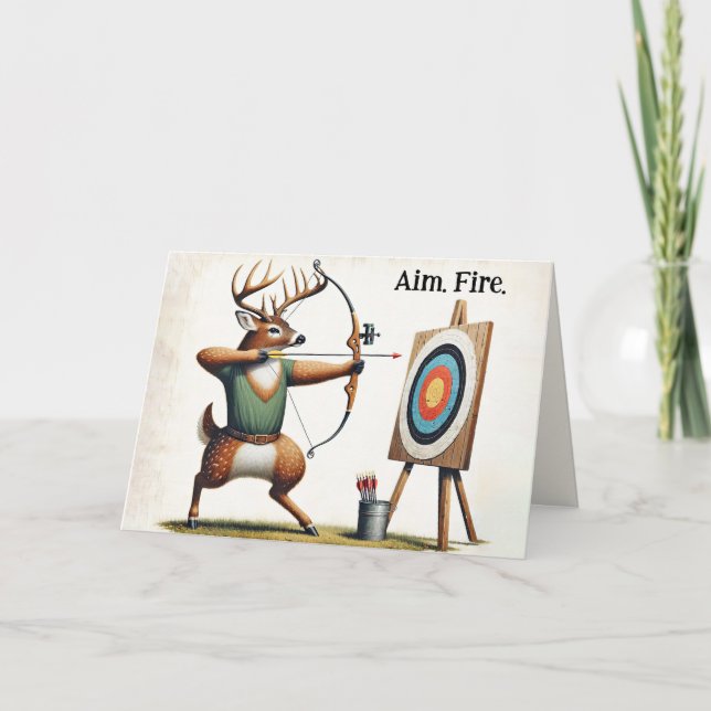 Belated Birthday Buck Shooting a Bow and Arrow Card (Front)