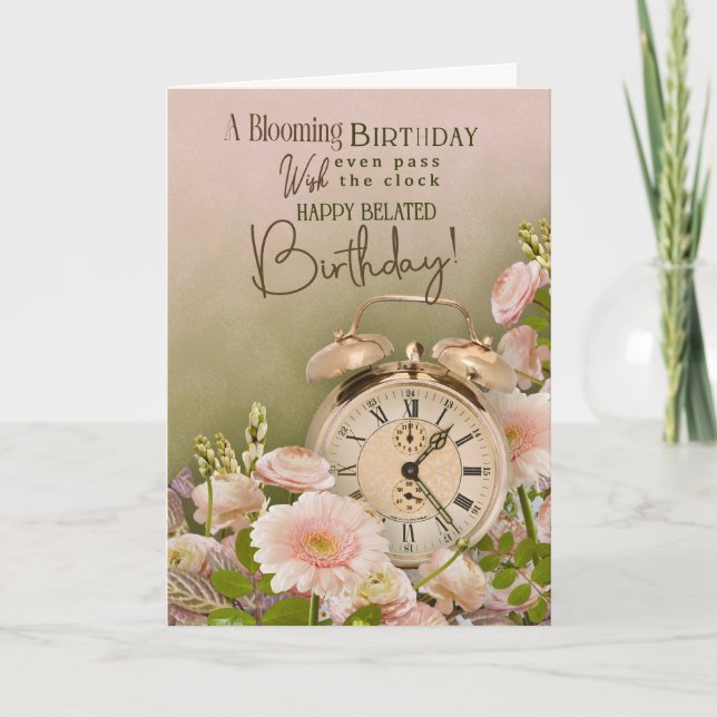Belated Birthday Floral Greeting Vintage Clock Card (Front)
