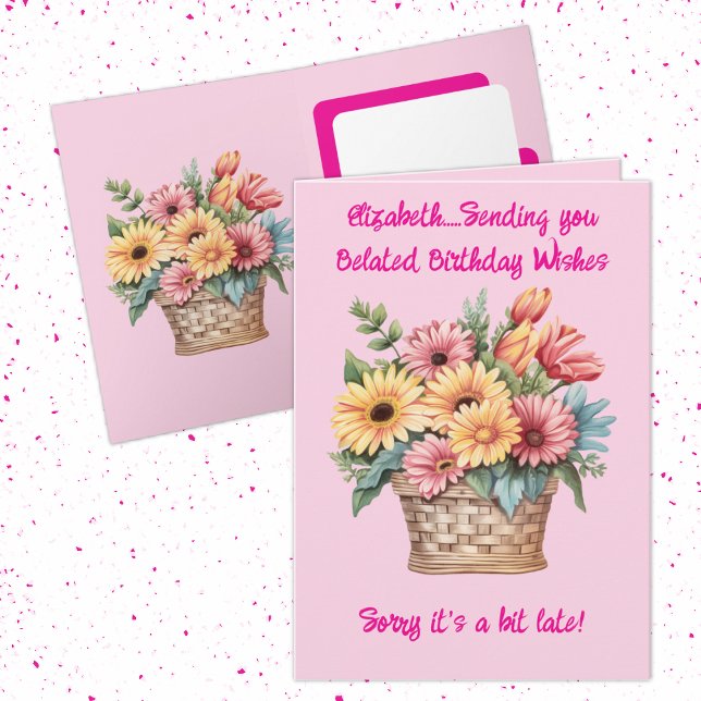 Belated birthday wishes name pink card (Creator Uploaded)
