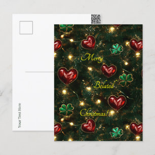 Belated Christmas Hearts and Shamrocks Holiday Postcard