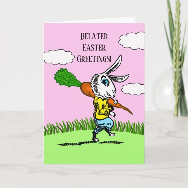 Belated Easter Greetings with Bunny and Big Carrot Card (Front)