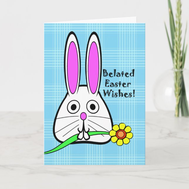 Belated Easter Wishes, Cute Bunny with Flower Holiday Card (Front)