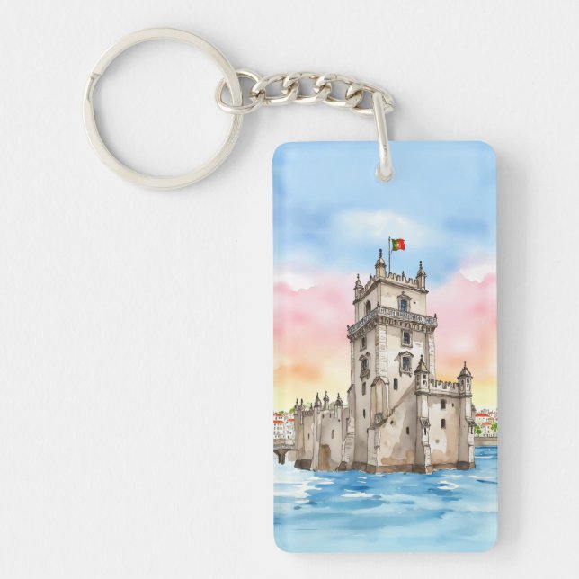 Belem Tower Lisbon Portugal Watercolor Key Ring (Front)