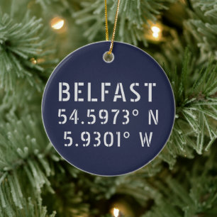 Belfast Latitude Longitude Ceramic Tree Decoration