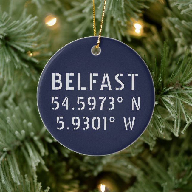 Belfast Latitude Longitude Ceramic Tree Decoration (Tree)