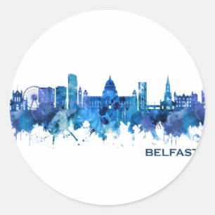 Belfast Northern Ireland Skyline Blue Classic Round Sticker