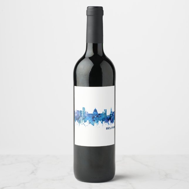 Belfast Northern Ireland Skyline Blue Wine Label (Front)