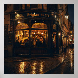 Belgian Corner Beerhouse at Night Poster