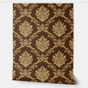 Belgian Damask Gold on Brown Designer  Wallpaper
