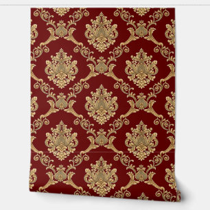 Belgian Damask Gold on Burgundy Designer Wallpaper