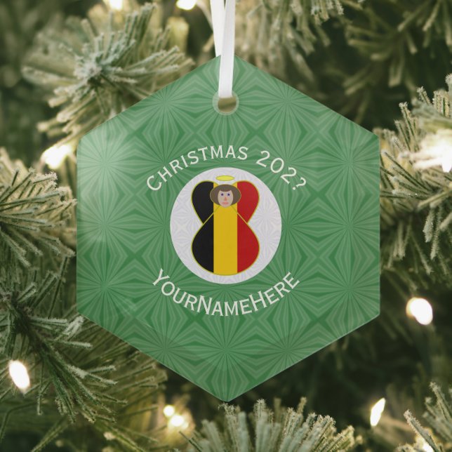 Belgian Flag Christmas Angel Name Year Hexagon Glass Tree Decoration (Insitu)