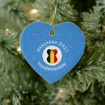 Belgian Flag Hanukkah Angel Name Year Heart Ceramic Tree Decoration<br><div class="desc">An angel dressed in the flag of Belgium on a heart shaped ceramic ornament for Hanukkah. This Hanukkah decor is designed, especially, for families of multiple religions. The Belgian flag angel flies in the center of a circle of white squiggly squares surrounded by a background of blue squiggly squares. Personalize...</div>