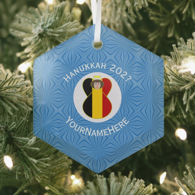 Belgian Flag Hanukkah Angel Name Year Hexagon Glass Tree Decoration (Insitu)