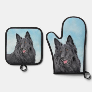 Belgian Groenendael Sheepdog Black Painting Dog Ar Oven Mitt & Pot Holder Set
