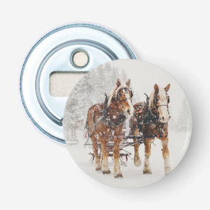 Belgian Horse Team Wintery Christmas Scene Bottle Opener
