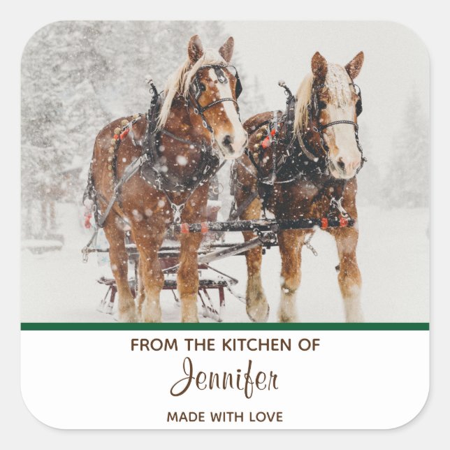 Belgian Horse Team Wintery Christmas Scene Kitchen Square Sticker (Front)