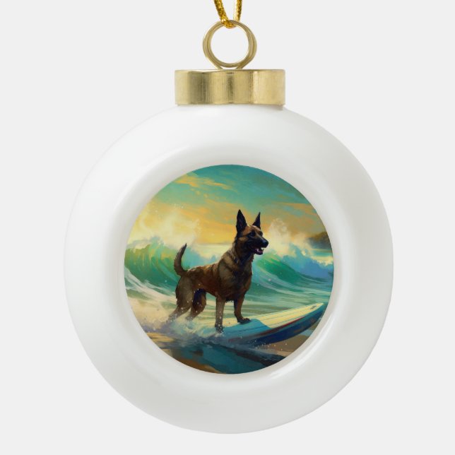 Belgian Malinoi Beach Surfing Painting Ceramic Ball Christmas Ornament (Front)